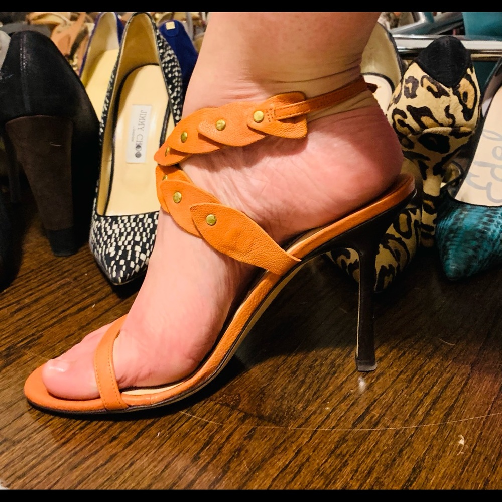 Jimmy Choo Orange & Brass Rivet Lace Sandals - Picture 8 of 8